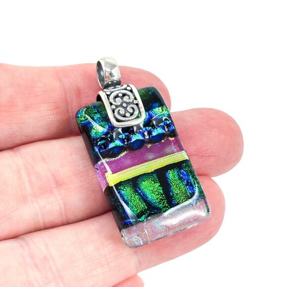 Vintage Sterling Silver 925 Green Purple Dichroic Glass Rectangle Pendant - Picture 1 of 7